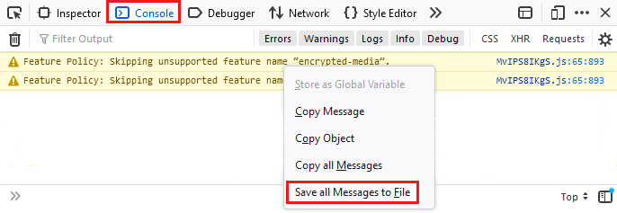 Screenshot del comando Salva tutti i messaggi in file nella scheda Console.
