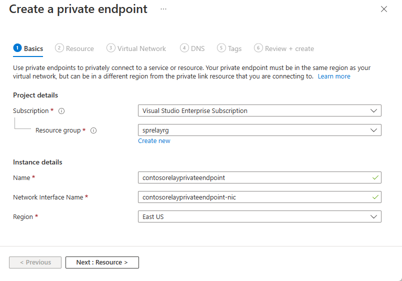 Screenshot che mostra la pagina Informazioni di base della creazione guidata di un endpoint privato.