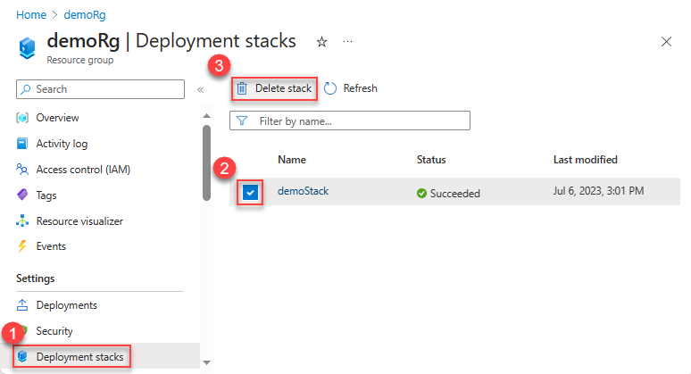 Screenshot dell'eliminazione di stack di distribuzione nell'ambito del gruppo di risorse.