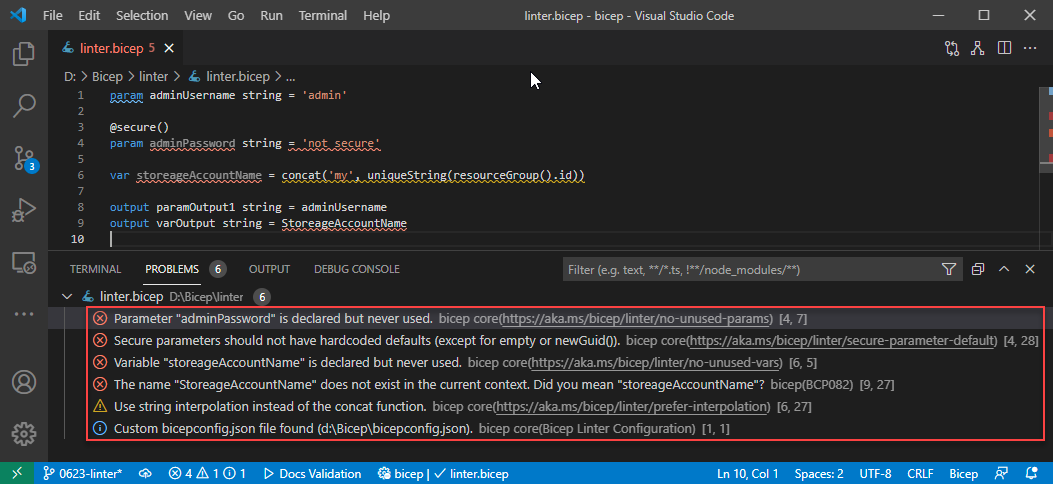 Utilizzo dell'linter Bicep in Visual Studio Code.