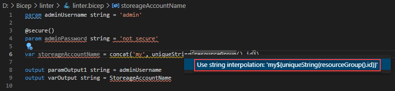 Utilizzo dell'linter Bicep in Visual Studio Code: visualizzare la soluzione quickfix.