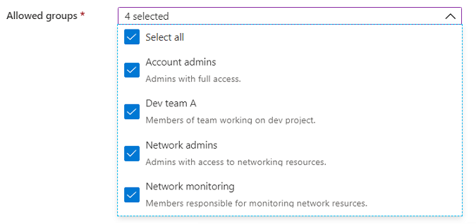 Screenshot dell'elemento Microsoft.Common.DropDown dell'interfaccia utente con descrizioni di elementi e con selezione multipla abilitata.