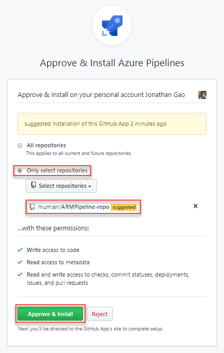 Screenshot della selezione dei repository per Azure Resource Manager, Azure DevOps, Azure Pipelines.