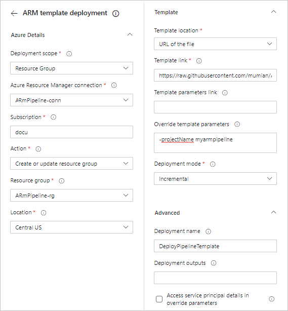 Screenshot della pagina di distribuzione del modello di Azure Resource Manager con i valori obbligatori immessi per Azure DevOps Azure Pipelines.