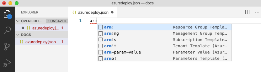 Screenshot che mostra i frammenti di codice per scaffolding di Azure Resource Manager.