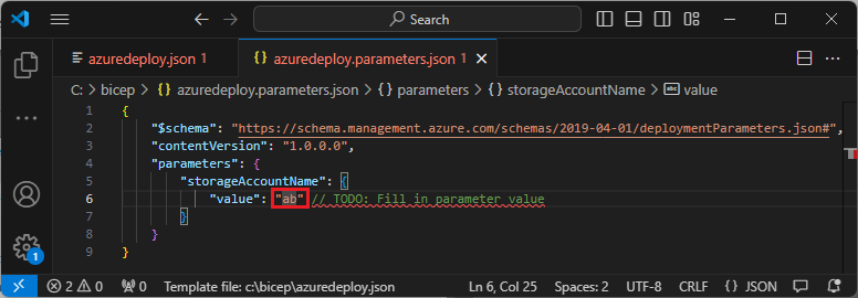 Screenshot che mostra un modello invalidato a causa di un problema con il file di parametro.
