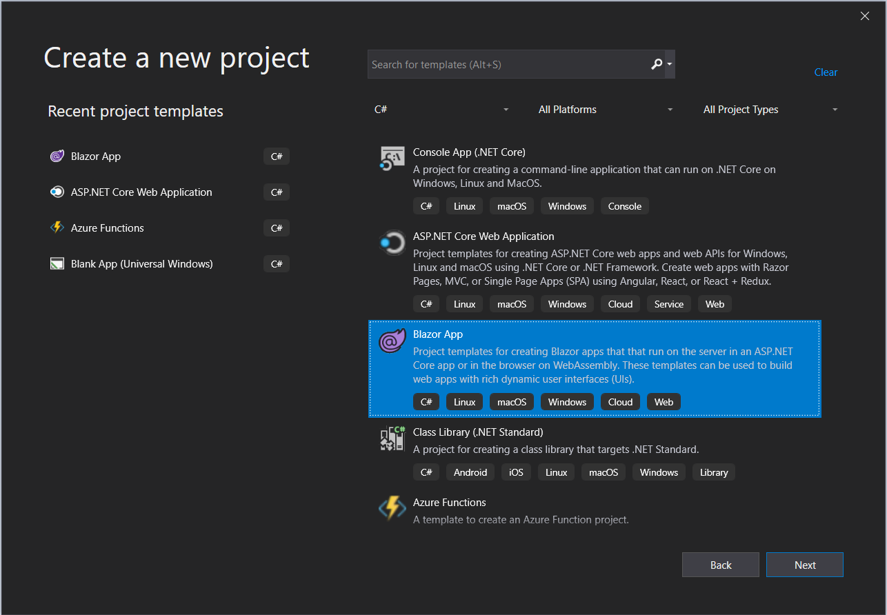 In Create a new project, select the Blazor app template.