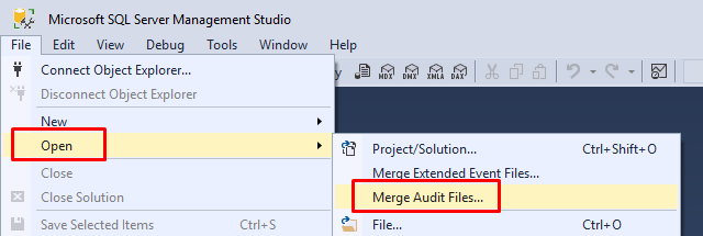 Screenshot che mostra l'opzione di menu Merge Audit Files.