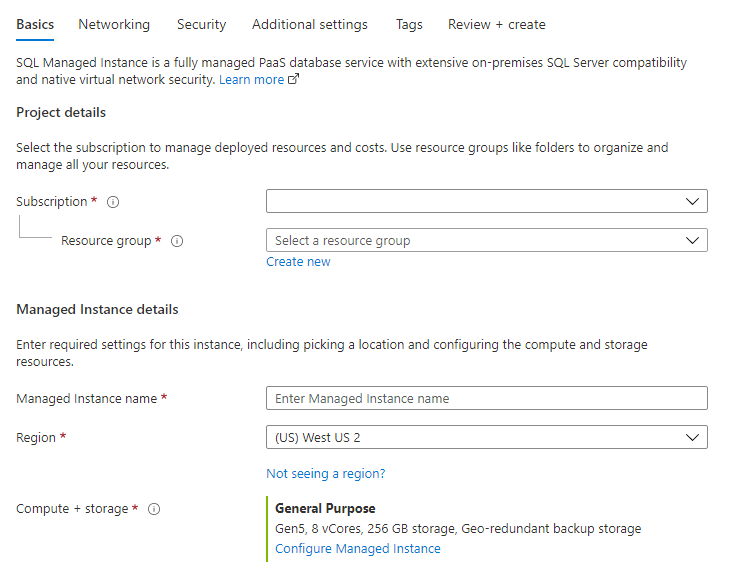 Azure portal screenshot of the create SQL Managed Instance basic tab 