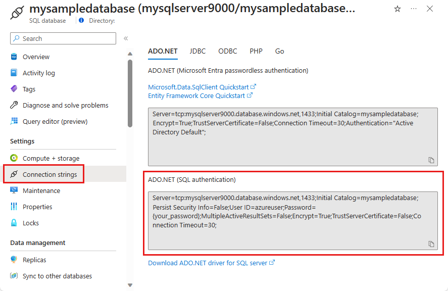 Screenshot che mostra la stringa di connessione ADO.NET.