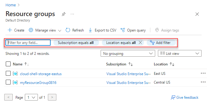 Screenshot del portale di Azure che mostra come cercare e filtrare per i gruppi di risorse di Azure.