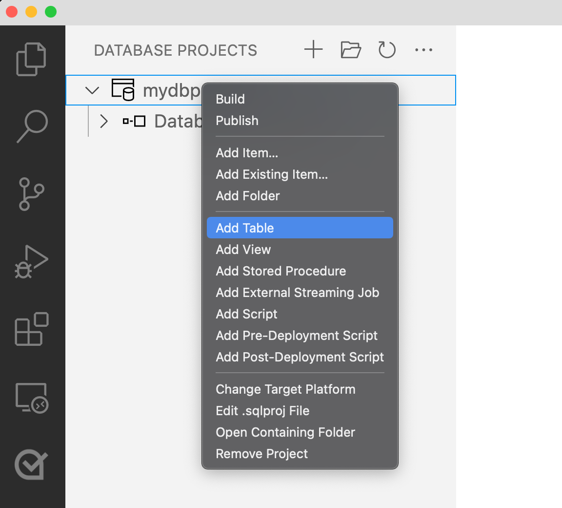 Screenshot dell'aggiunta di una tabella dal menu Progetti di database in Visual Studio Code.