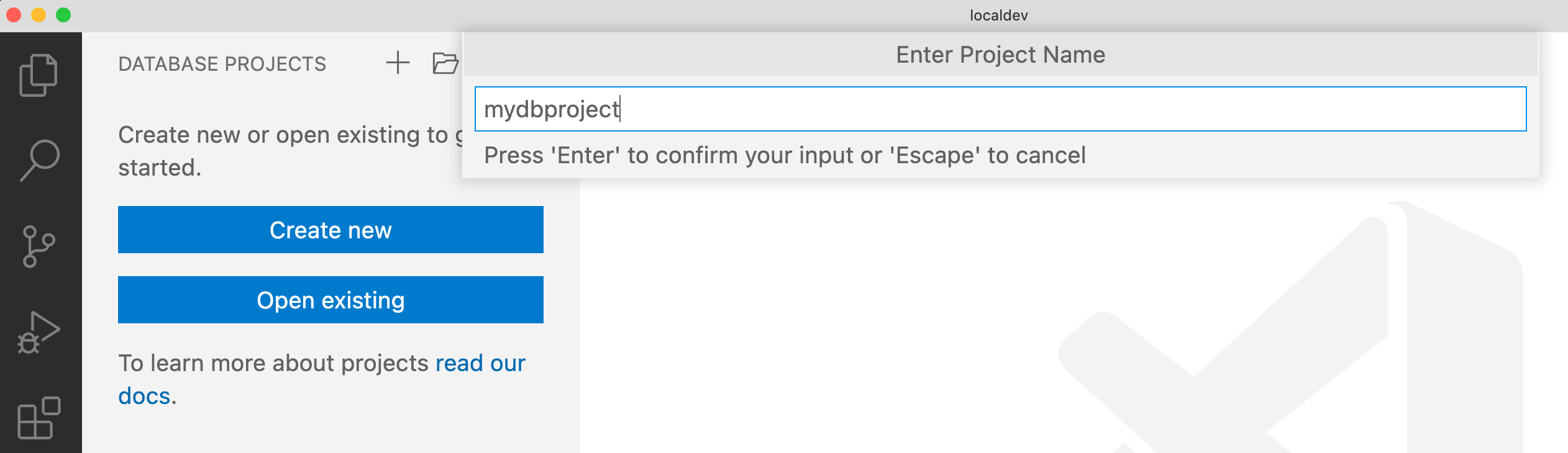 Screenshot dell'immissione di un nome per un progetto di database in Visual Studio Code.