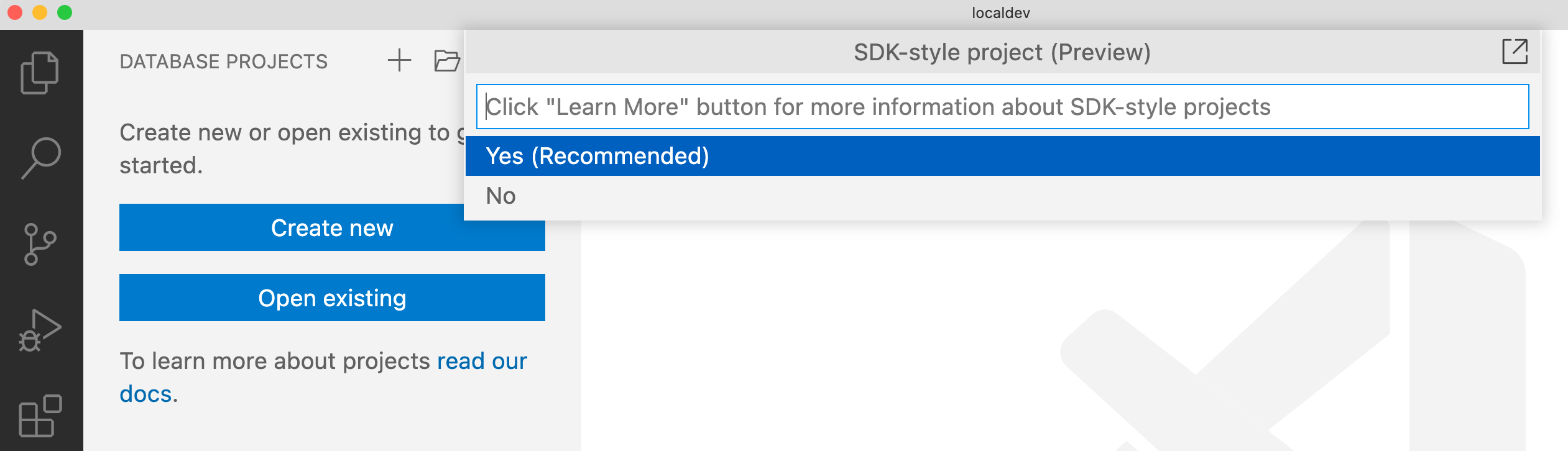Screenshot della selezione di uno stile per un progetto di database in Visual Studio Code.