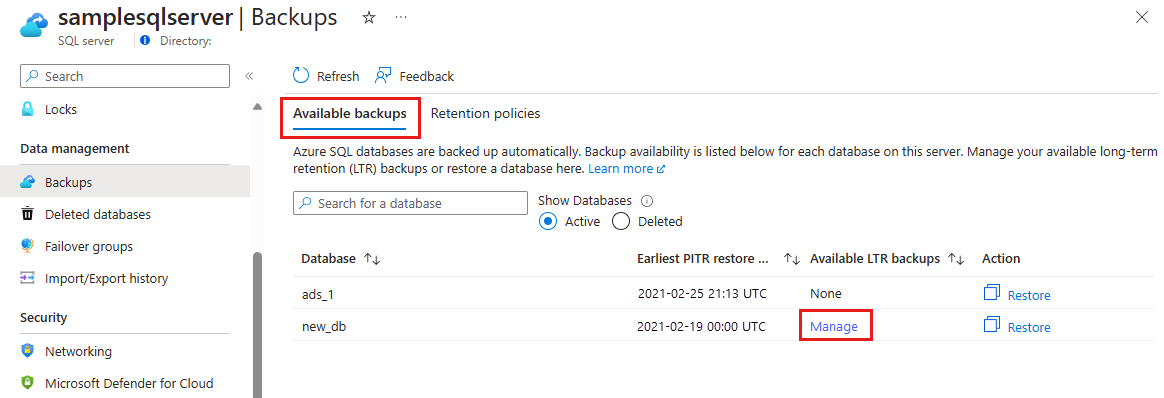 Screenshot della portale di Azure, che mostra i backup disponibili.