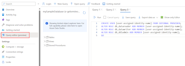 Screenshot che mostra come usare l'editor di Query di Azure per creare un utente SQL per un'identità gestita.