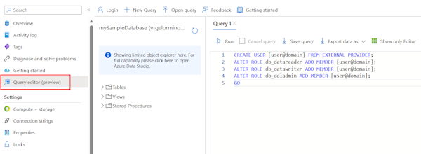 Screenshot che mostra come usare l'editor di query di Azure.