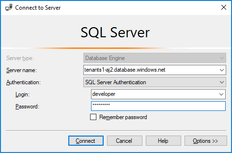 Screenshot che mostra le informazioni necessarie per connettersi a SQL Server.