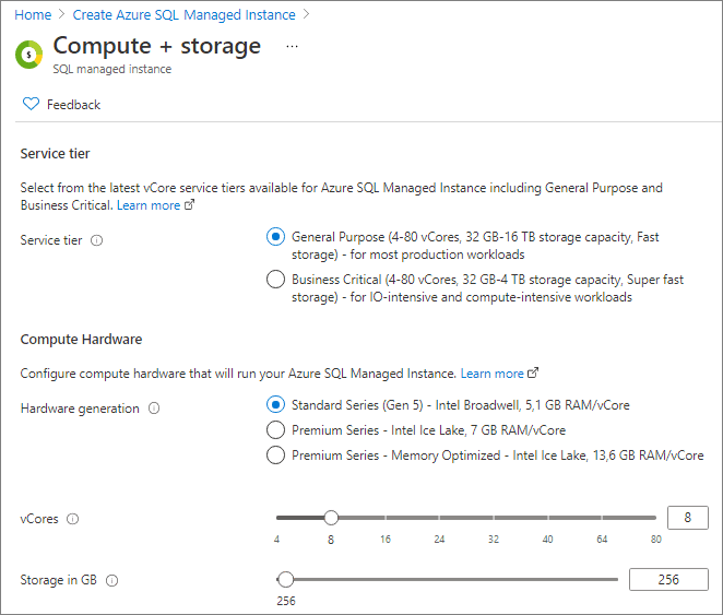 Screenshot dal portale di Azure che mostra dove configurare l'istanza gestita di SQL.