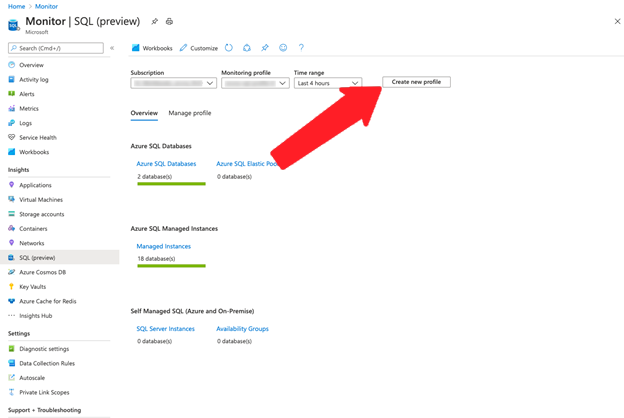 Screenshot della pagina Monitoraggio di Azure nel portale di Azure. Il pulsante Crea nuovo profilo è evidenziato.