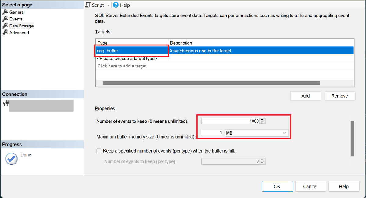 Screenshot della finestra di dialogo Nuova Sessione SSMS che mostra la pagina di selezione dell'archiviazione dei dati con una destinazione ring_buffer selezionata.