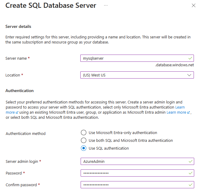 Screenshot della pagina Crea database SQL Server del portale di Azure.