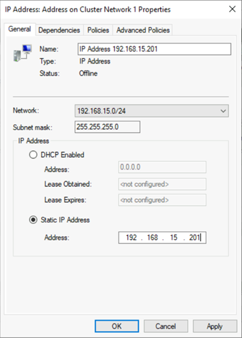 Screenshot di Gestione cluster di failover che mostra la selezione di un indirizzo IP.