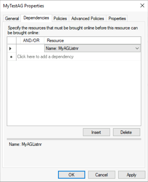 Screenshot di Gestione cluster di failover che mostra l'aggiunta di un nome nella scheda Dipendenze.