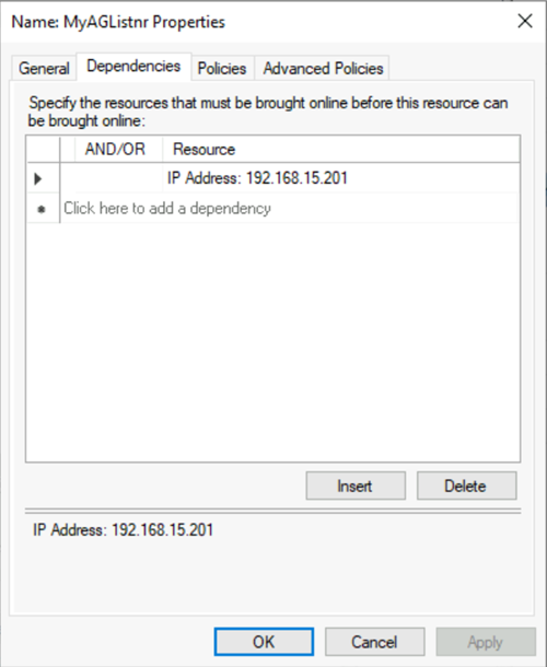 Screenshot della scheda Dipendenze che mostra una risorsa IP per un gruppo di disponibilità.