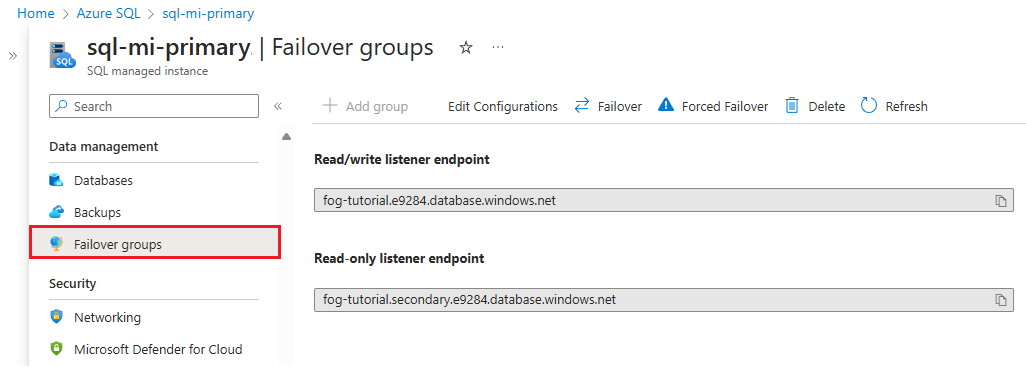 Screenshot che indica dove trovare la stringa di connessione del gruppo di failover nel portale di Azure.