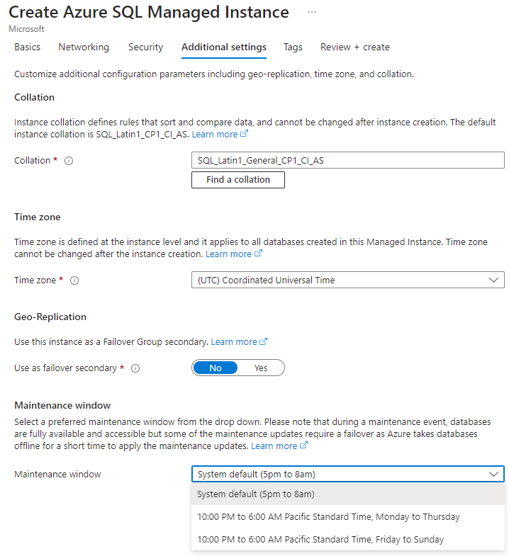 Screenshot dal portale di Azure. In Creare istanza gestita di SQL di Azure, nella scheda Istruzioni Aggiuntive, l'elenco a discesa Finestra di manutenzione è aperto.