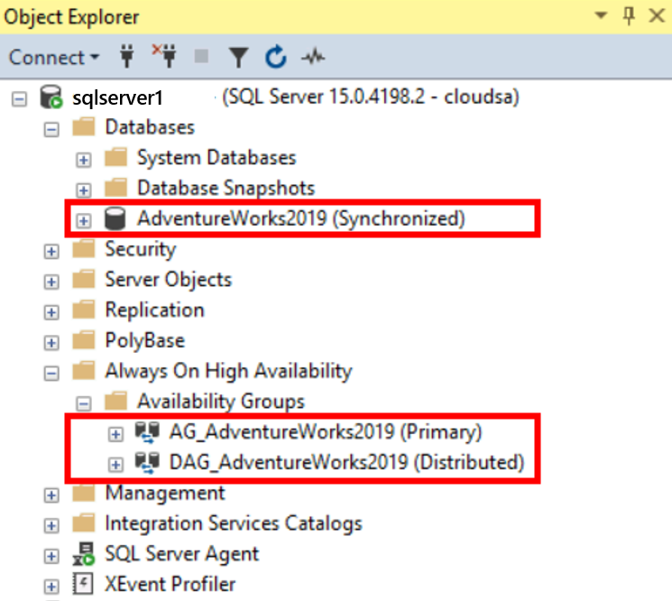 Screenshot che mostra lo stato del database e del gruppo di disponibilità SQL Server e del gruppo di disponibilità distribuito in S M S.