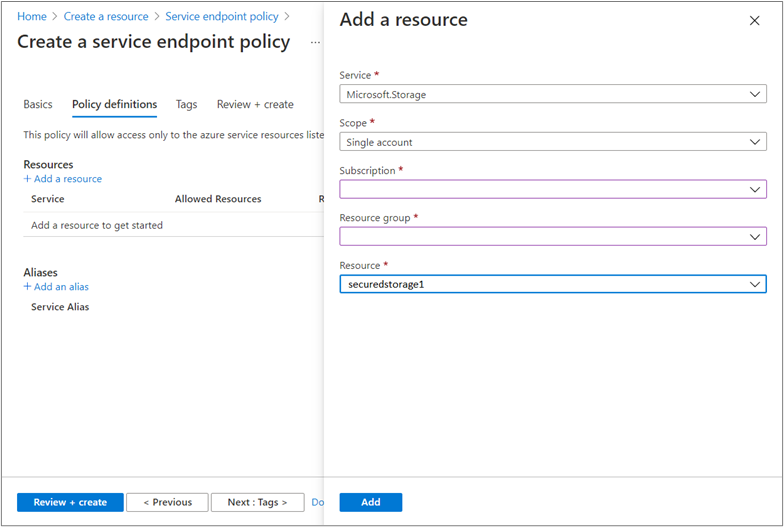 Add a resource to a service endpoint policy