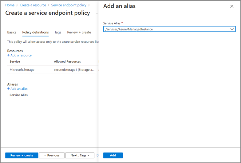 Add an alias to a service endpoint policy