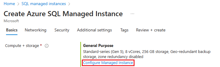 Screenshot della pagina Crea Istanza gestita di SQL di Azure nella portale di Azure con l'opzione Configura Istanza gestita selezionata.