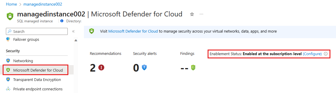 Screenshot shows the Microsoft Defender for Cloud page for a SQL managed instance with the option to configure.