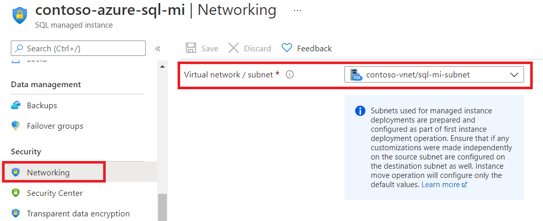How to select subnet on SQL Managed Instance networking pane
