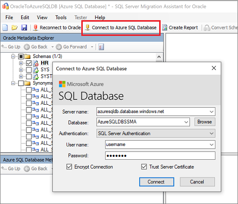 Screenshot that shows Connect to Azure SQL Database.