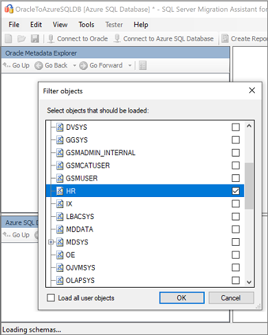 Screenshot that shows selecting Oracle schema.