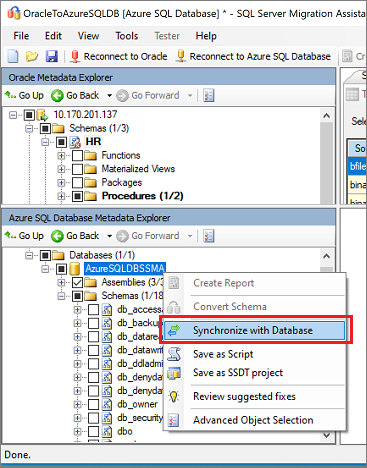 Screenshot that shows Synchronize with Database.