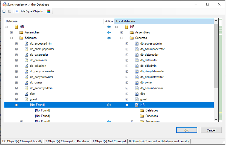 Screenshot che mostra La sincronizzazione con la revisione del database.