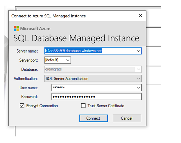 Screenshot che mostra il passaggio per connettersi alla destinazione SQL.