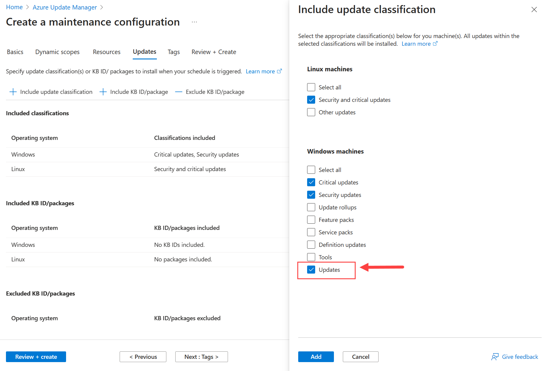Screenshot of the Create a maintenance configuration page choosing updates as classification in the Azure portal.