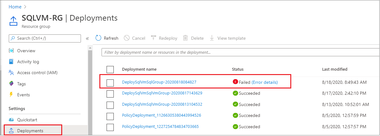 Screenshot of the Azure portal that shows a failed availability group deployment in a list of deployments.