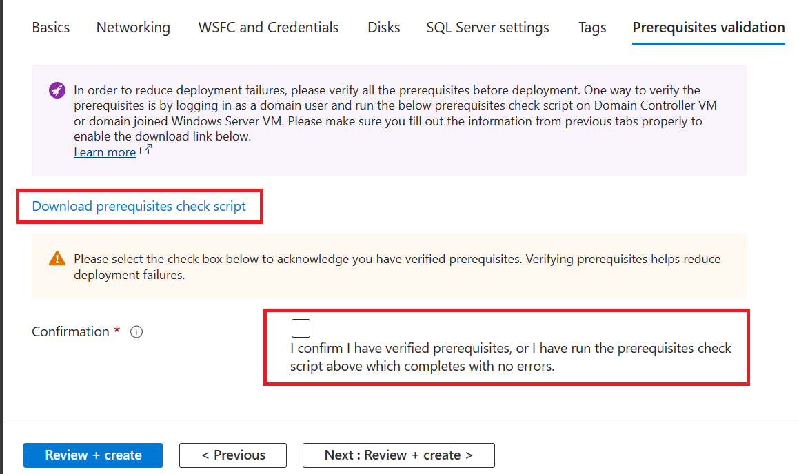 Screenshot of the Azure portal that shows the prerequisites validation tab.