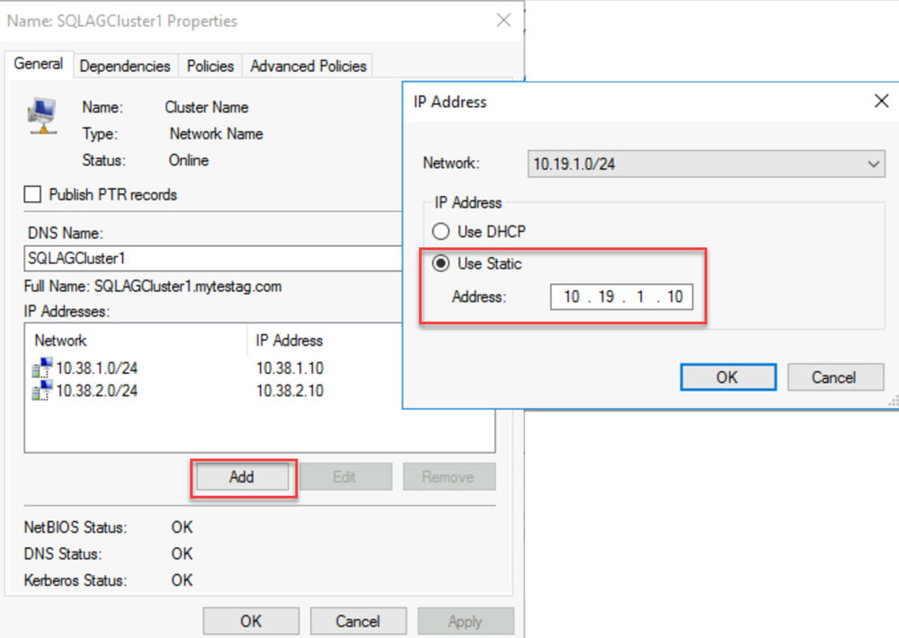 Screenshot that shows the dialogs for creating a cluster IP address.