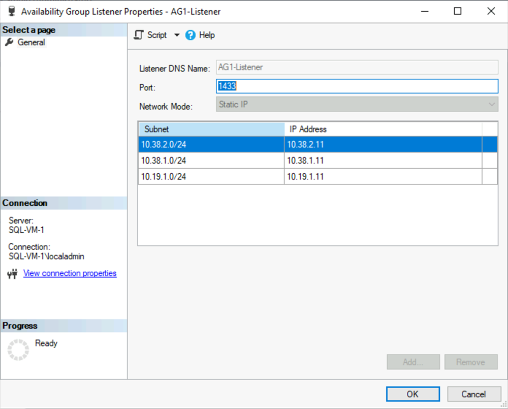 Screenshot of the Availability Group Listener Properties window in SSMS, showing both IP addresses being used for the listener.