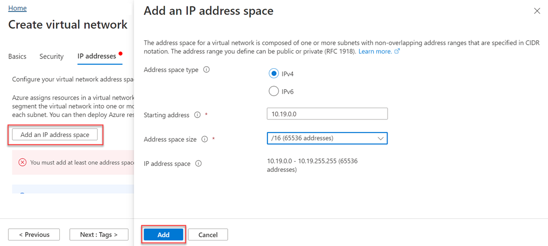 Screenshot of the Azure portal that shows selections for adding an address space for a virtual network.
