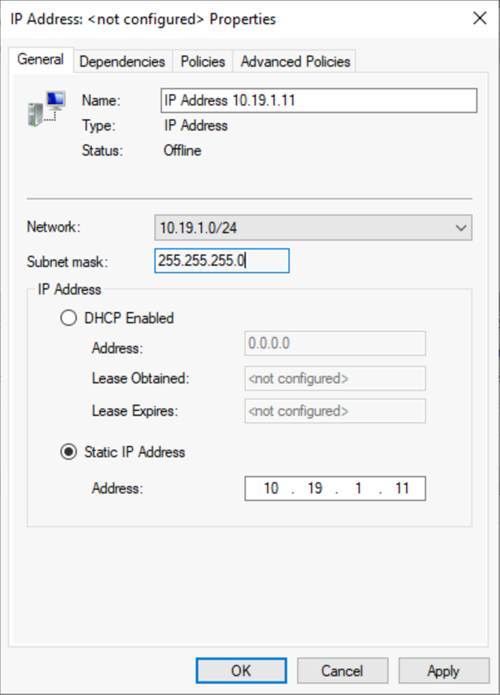 Screenshot of the dialog for IP address properties, showing assignment of the listener IP in the cluster.