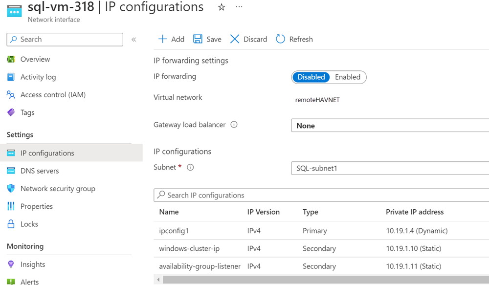 Screenshot of the Azure portal that shows the IP configurations on the network interface.